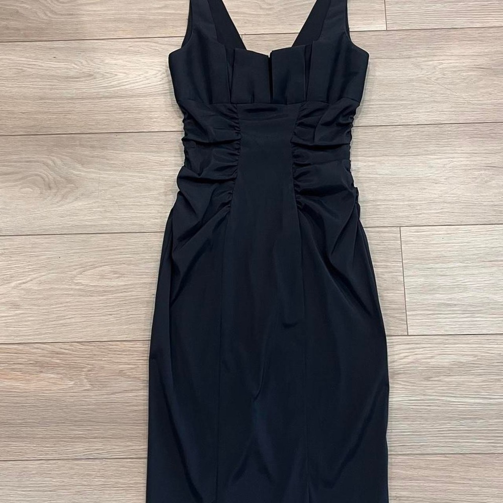 Vintage Black Midi Bodycon Dress Pleated Bust Minimalist Old Money Women 6 - Picture 2 of 6